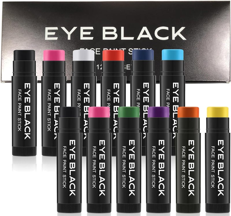 Wismee Eye Black Stick, 12pcs Multi-Colors Anti-Glare Under Eye Black Sports Grease Stick Set for Baseball Softball Soccer Lacrosse Hockey Athletes Sports Training, Sweat-Proof & Long Lasting - Image 1